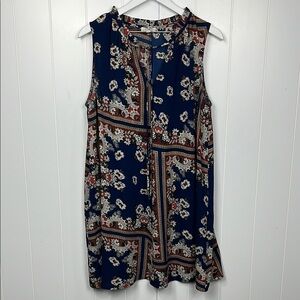 Umgee Womens Tunic L Navy/Cream Pullover Vneck Gauzy Ruffle Neckline Boho Casual